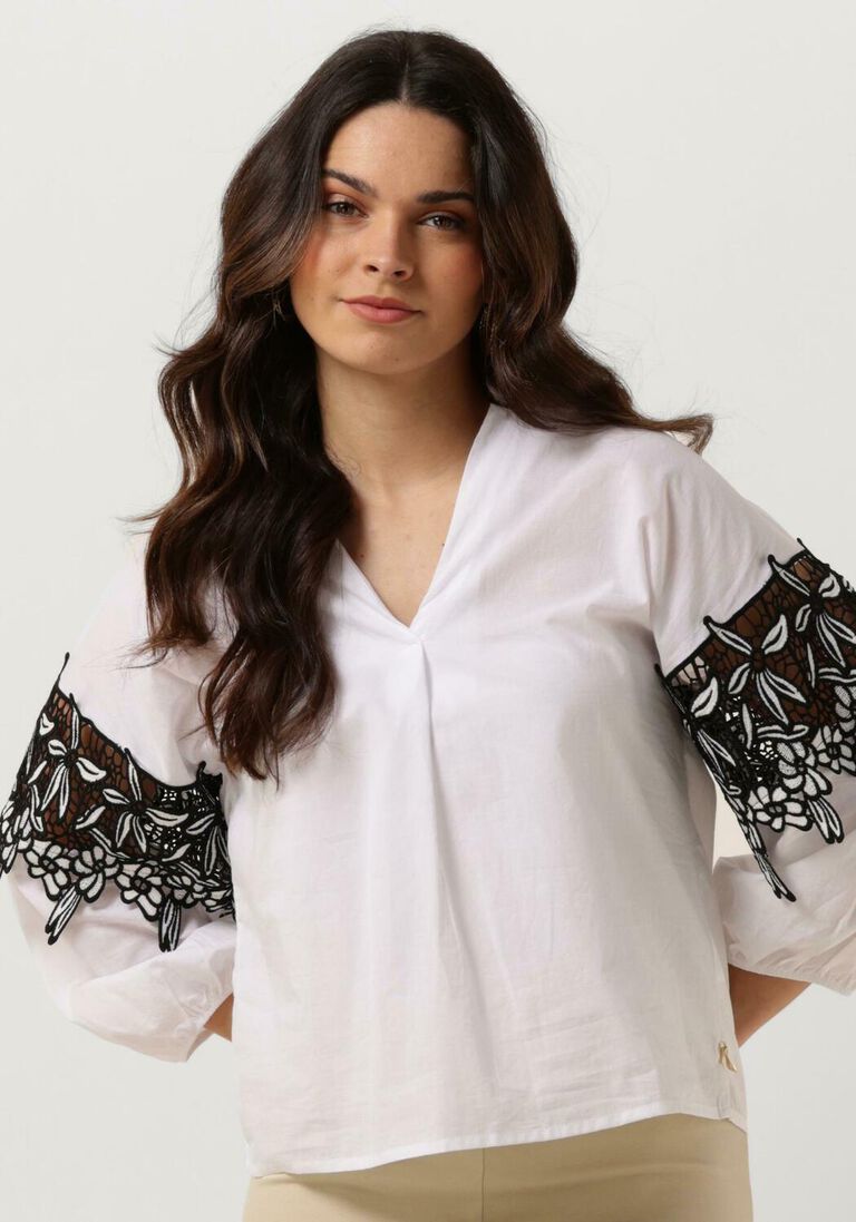 JANSEN AMSTERDAM witte jansen amsterdam blouse cv777 cotton voile blouse with black/white lace detail 3/4 sleeve