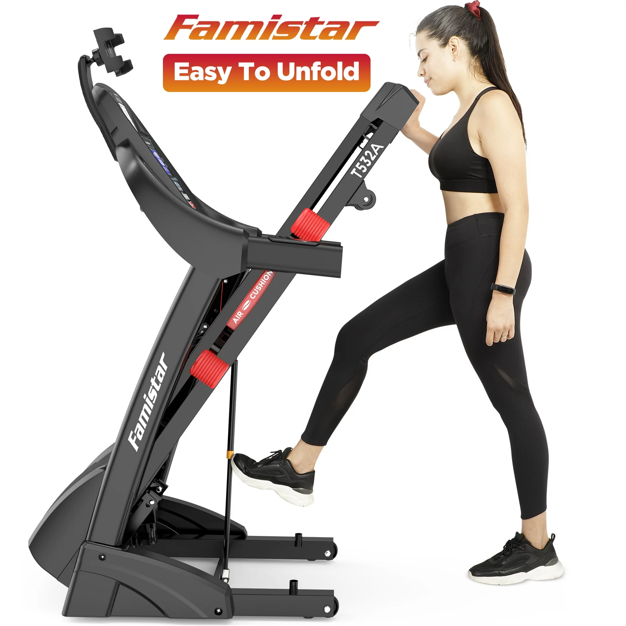 Esteira dobrável Famistar para uso doméstico com 15 níveis de inclinação automática, capacidade de 136 kg, controle de velocidade de até 16 km/h, esteira portátil para corrida e caminhada, 4,5 HP, com faixa para joelho de brinde.