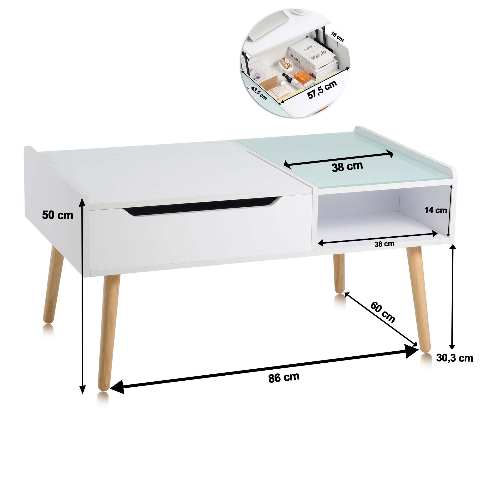 Makika Couchtisch / Wohnzimmertisch mit Glas ausziehbar mit verstecktem Fach in Weiß