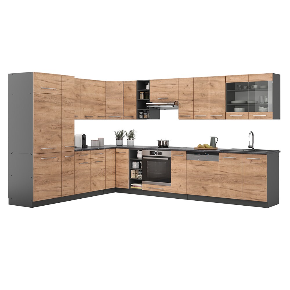 Vicco Eckküche Küchenzeile Einbauküche Fame-Line Anthrazit Eiche 257x347 cm modern Spülenunterschrank Unterschrank Herdumbauschrank Hängeschrank Kühlumbauschrank Apothekerhochschrank Blende