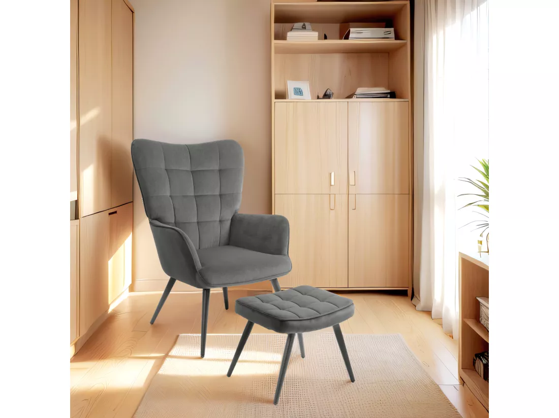 Fauteuil lounge style scandinave avec repose-pied assorti piètement incliné effilé métal noir aspect velours gris
