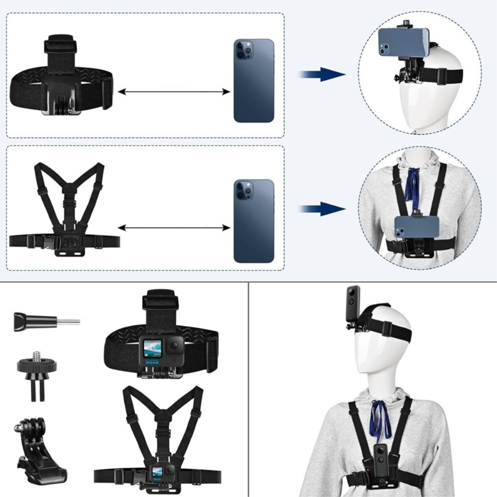 11in1 Kamera Zubehör Kit Bundle Set mit Brustgurt / Kopfband und Handy Halterung für GoPro Hero