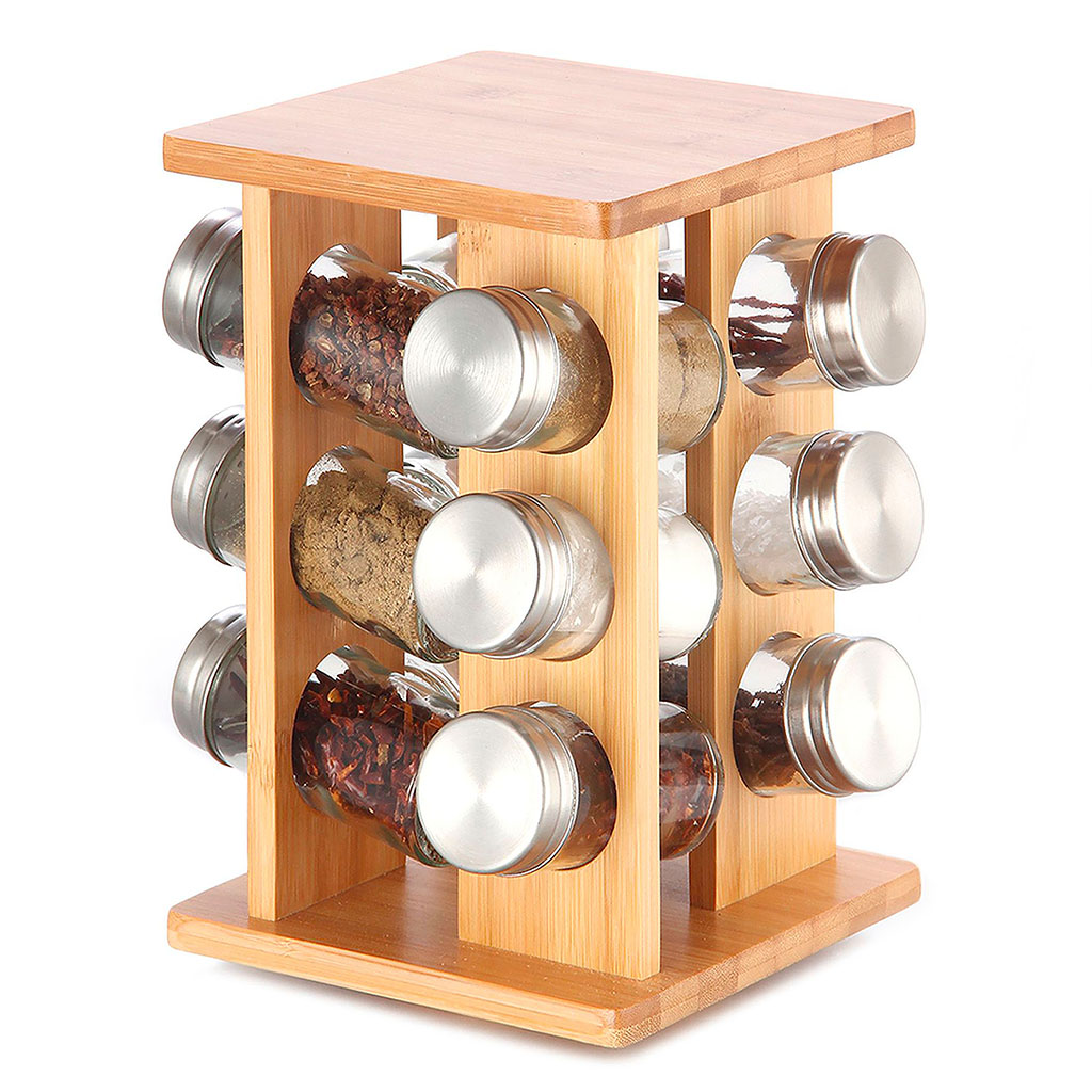 Rangement épices bambou et 12 pots 5x23.5x15cm