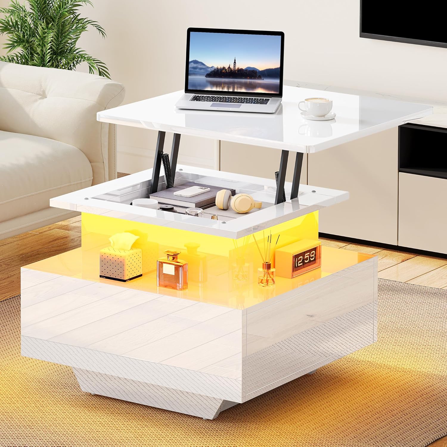 YITAHOME Couchtisch Höhenverstellbar mit LED Beleuchtung Modern, 60x60x45cm, Wohnzimmertisch Hochglanz mit Offenem Ausstellungsregal und 2 Schubladen