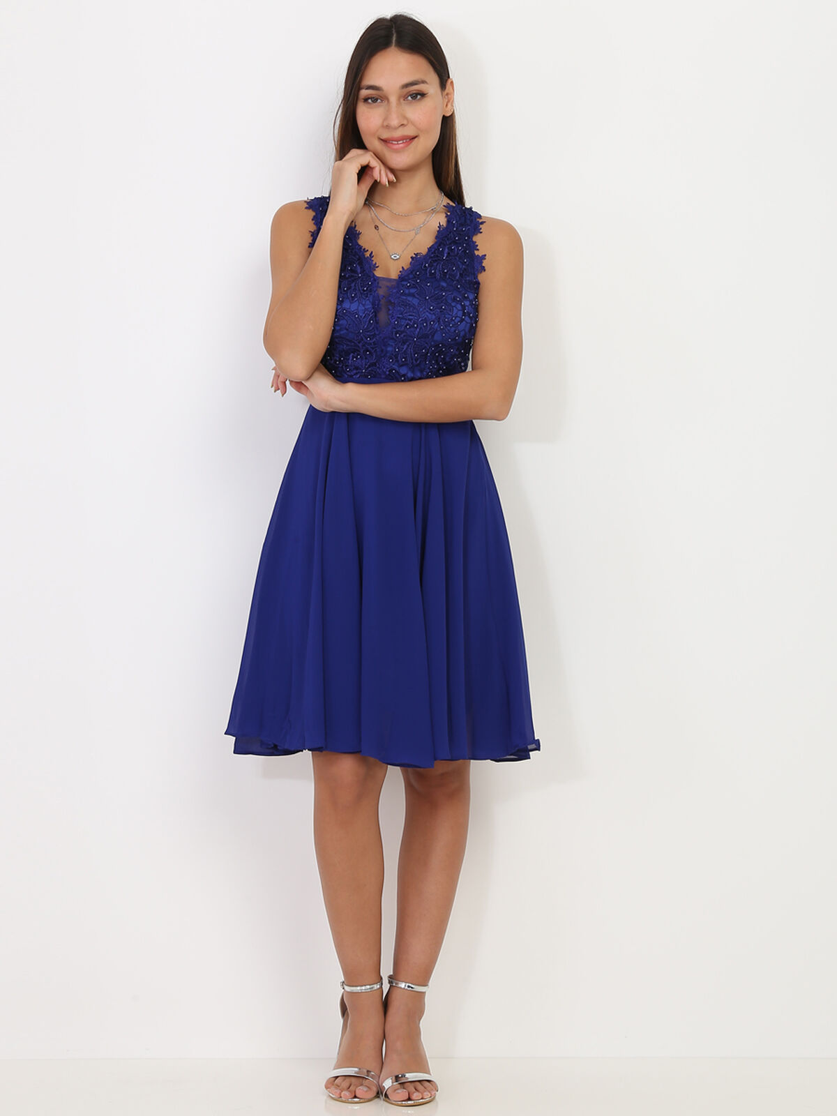 Robe à broderie et perles grandes tailles- Bleu