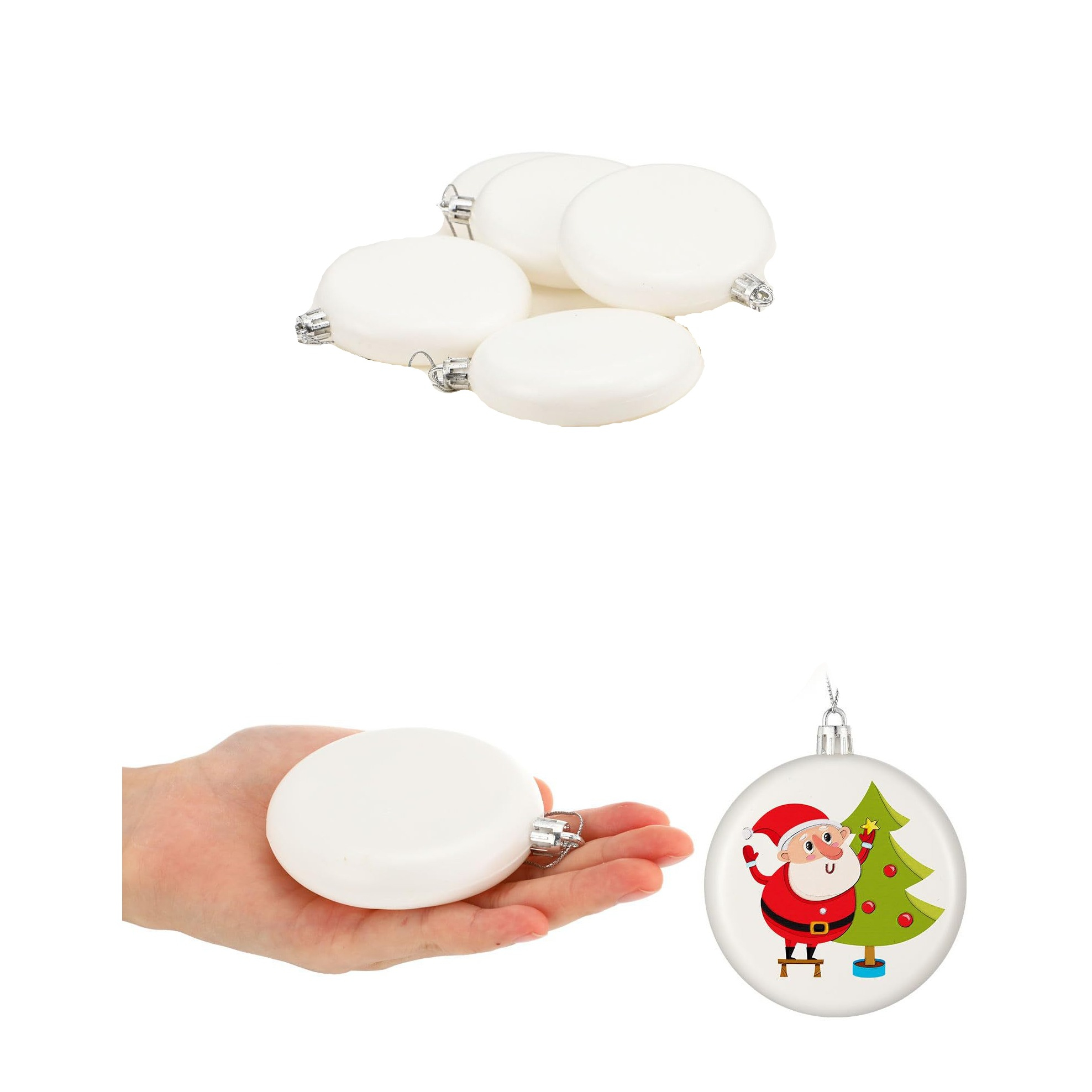 (5er Set) Ø8cm Flache DIY Christbaum Kugeln Weihnachts Ornamente Deko zum Bemalen / Basteln - Weiss