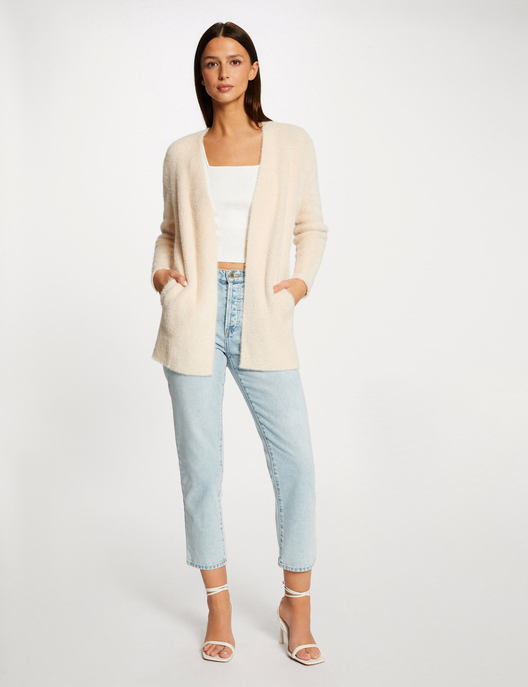Gilet long maille duveteuse rose clair femme - rose_clair