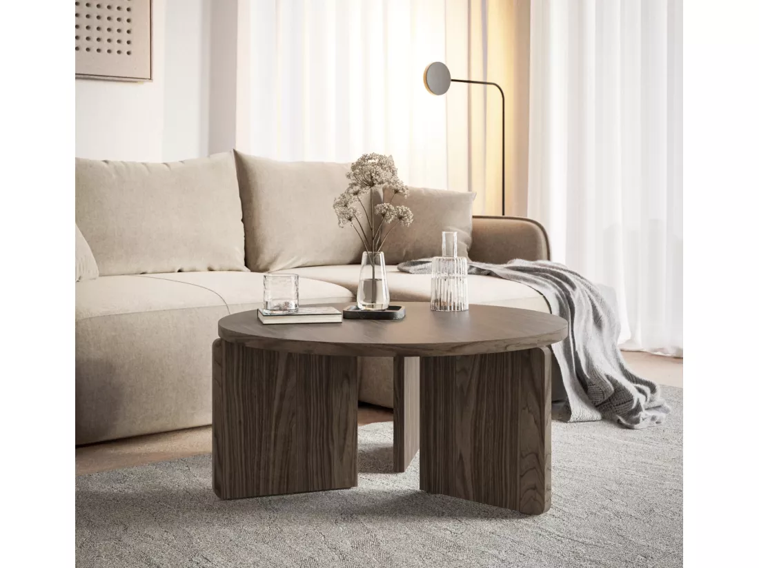 Table basse ronde - 85 cm - aspect noyer Wisconsin - PREFFINES