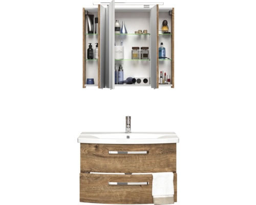 Pelipal Serie 4010 badkamermeubelset, afmetingen (B x H x D): 84 x 200 x 45 cm, fronten in eikenlook, Ribbeck 4-delige badkamermeubelset inclusief wastafel en spiegelkast met LED-verlichting