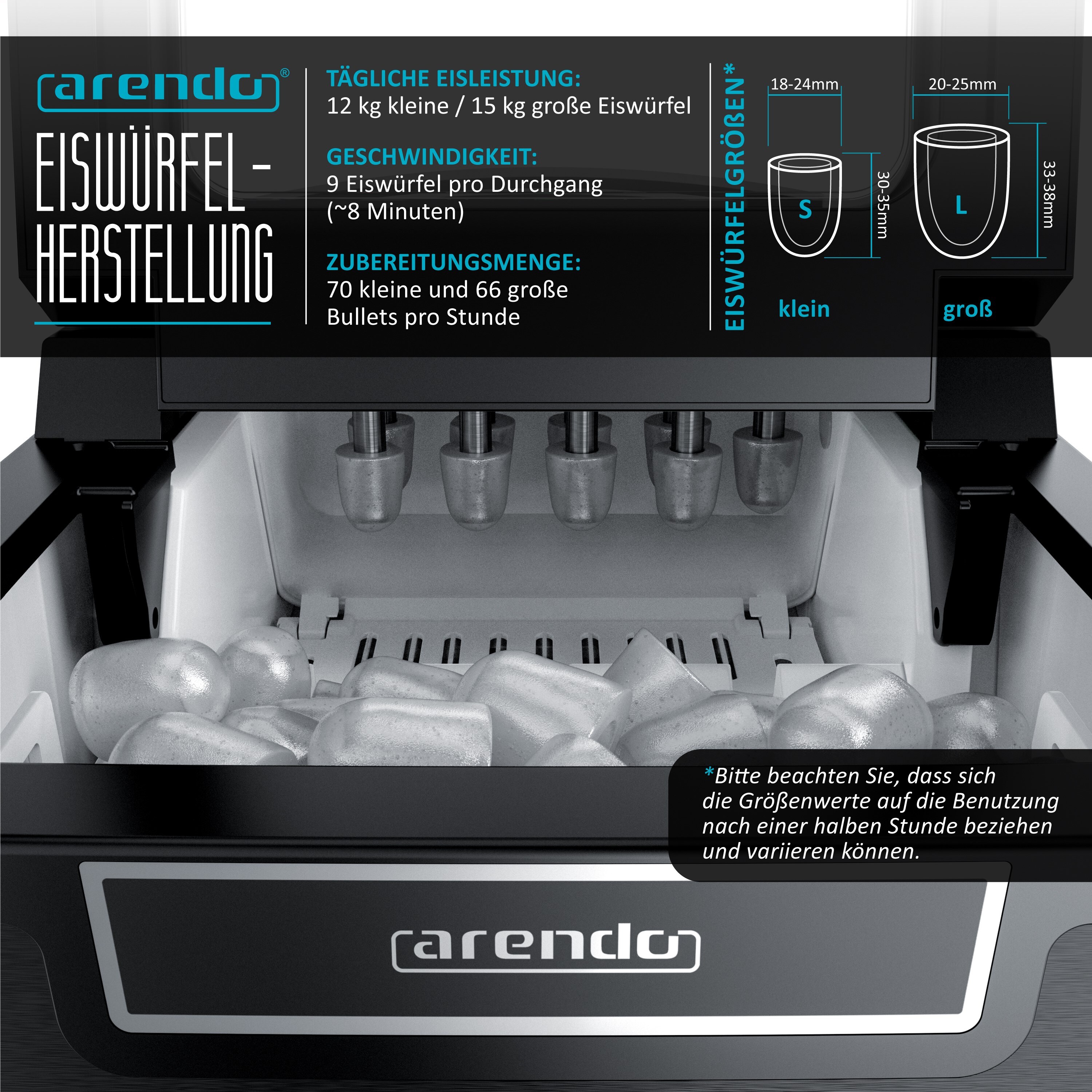Arendo Eiswürfelmaschine elektrisch, 12-15 kg in 24 h, 1,8 Liter Eiswürfelbereiter, Eiswürfel in 7,5 - 8,5 min, Ice Cube Maker, 105 Watt, Schwarz