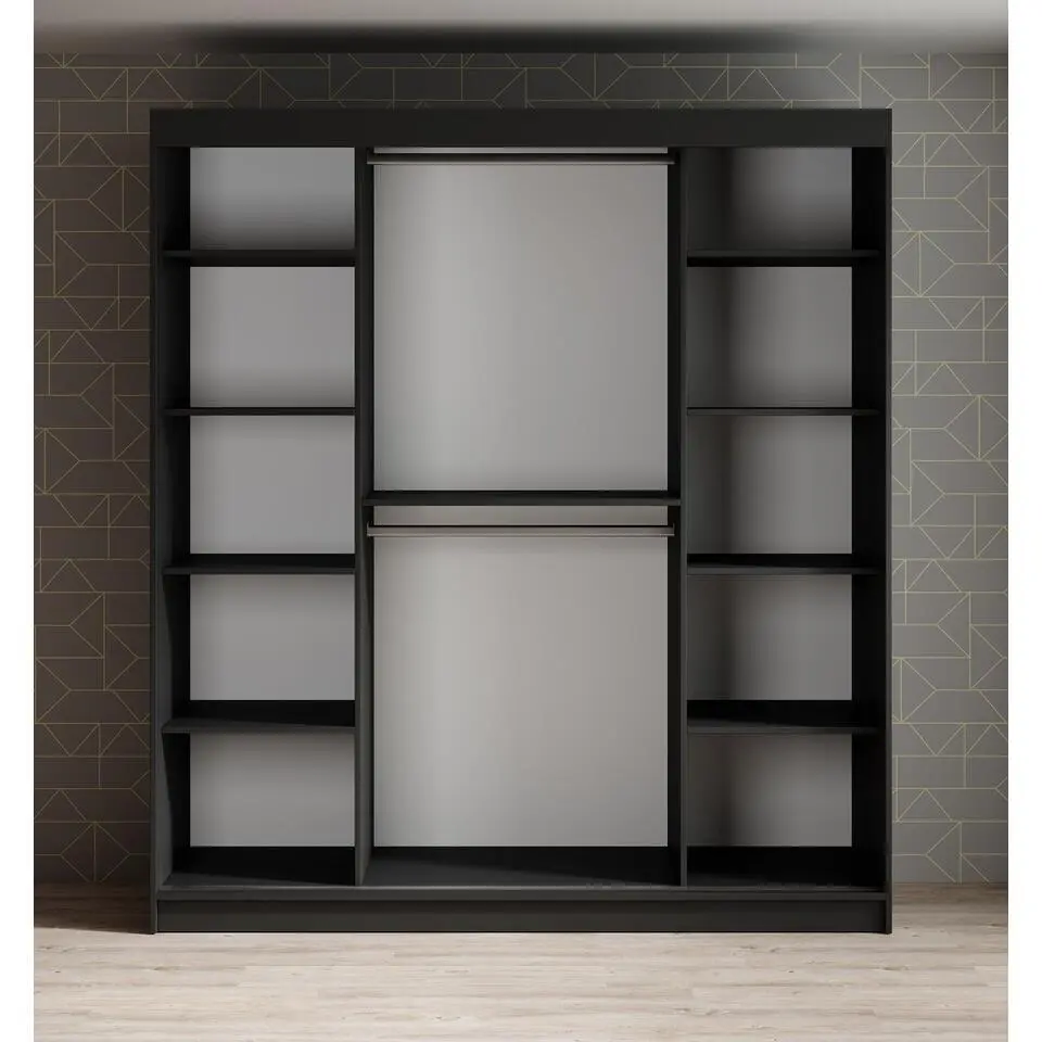 Meubella - Kledingkast Malavi 2 - Zwart - 180 cm - Met spiegel