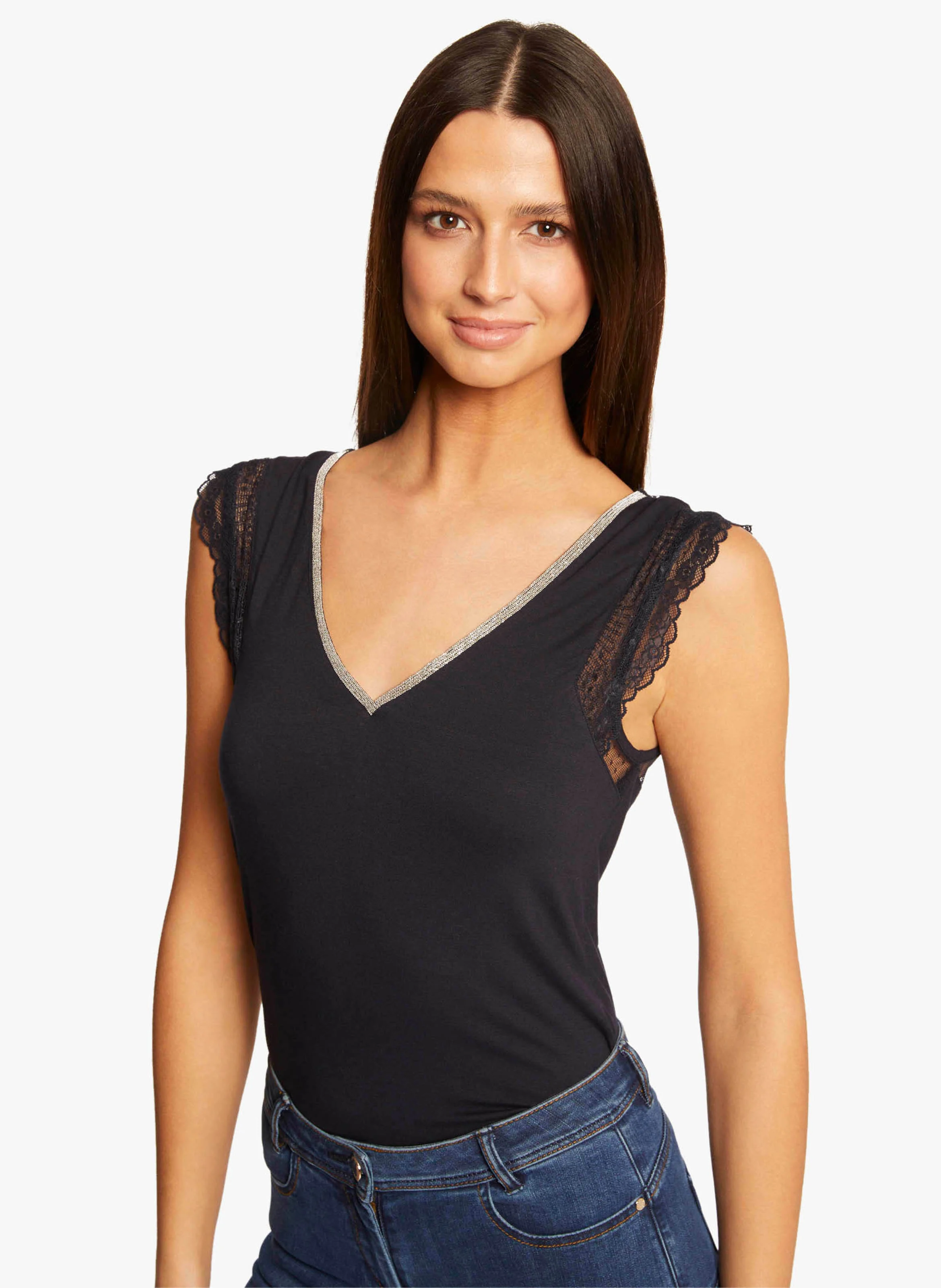 DOCHAN - Tee-shirt col V en dentelle| Bleu