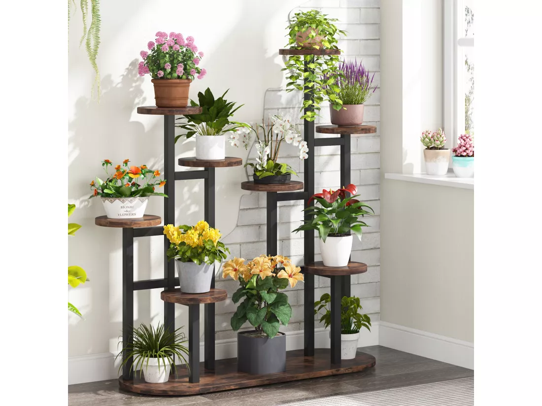 Support de plantes d'intérieur à plusieurs étages pour 11 pots de fleurs, support de rangement pour jardin, balcon, salon, marron rustique