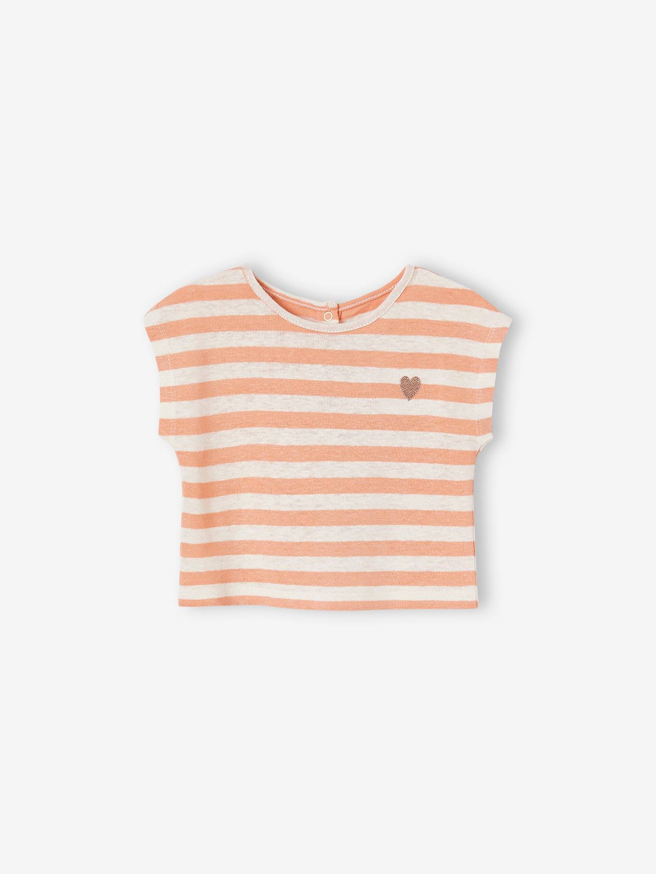 Roupa de bebê: shorts, camiseta listrada e faixa de cabelo verde-acinzentada.