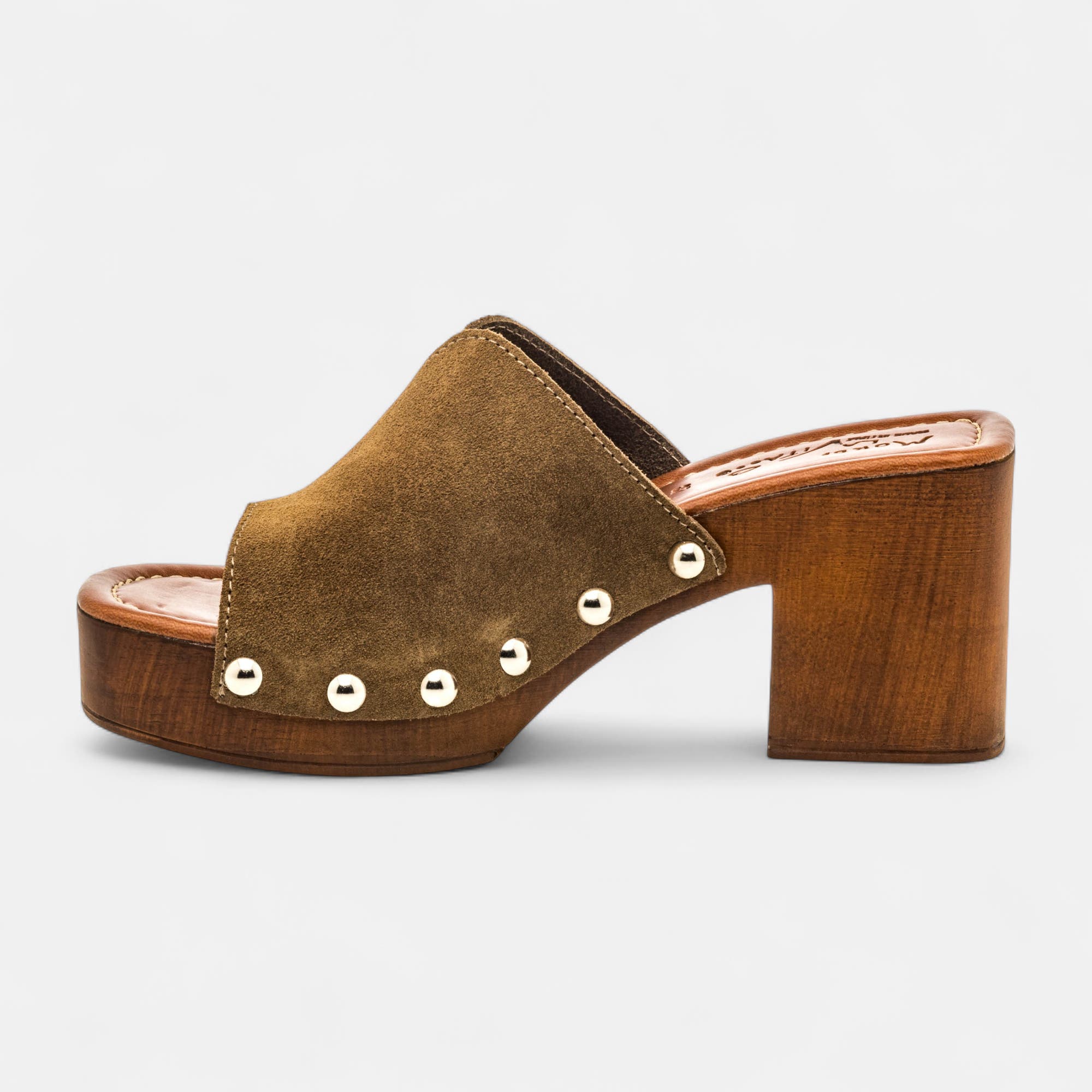 Chaussures semelle bois à talon Femme en cuir kaki