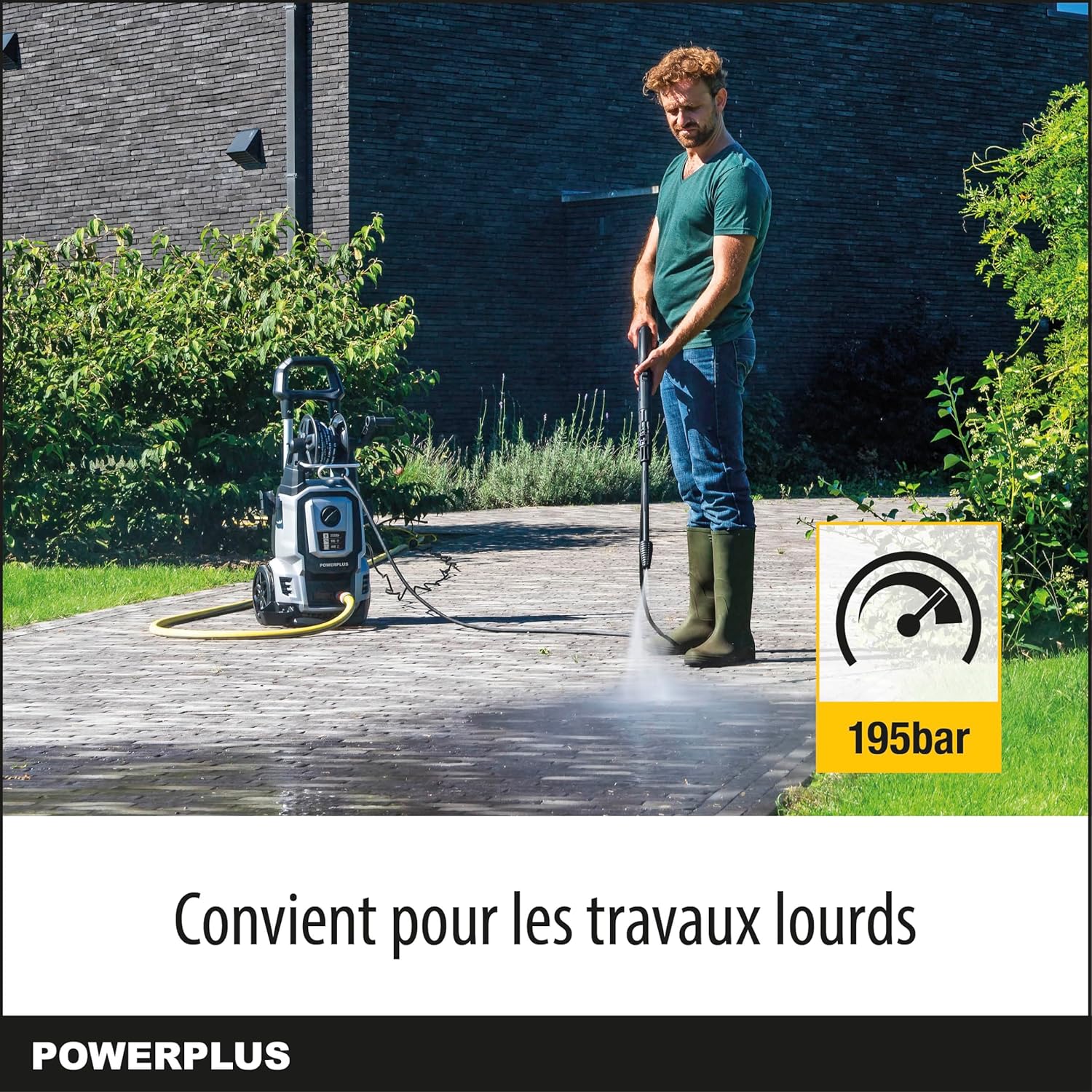 Powerplus Elektrischer Hochdruckreiniger POWXG90426-2500 Watt Terrassenreiniger, Start/Stopp-Funktion, Max. 195 Bar Druck und 50°C Temperatur, 8 m Schlauch und Zubehör inbegriffen