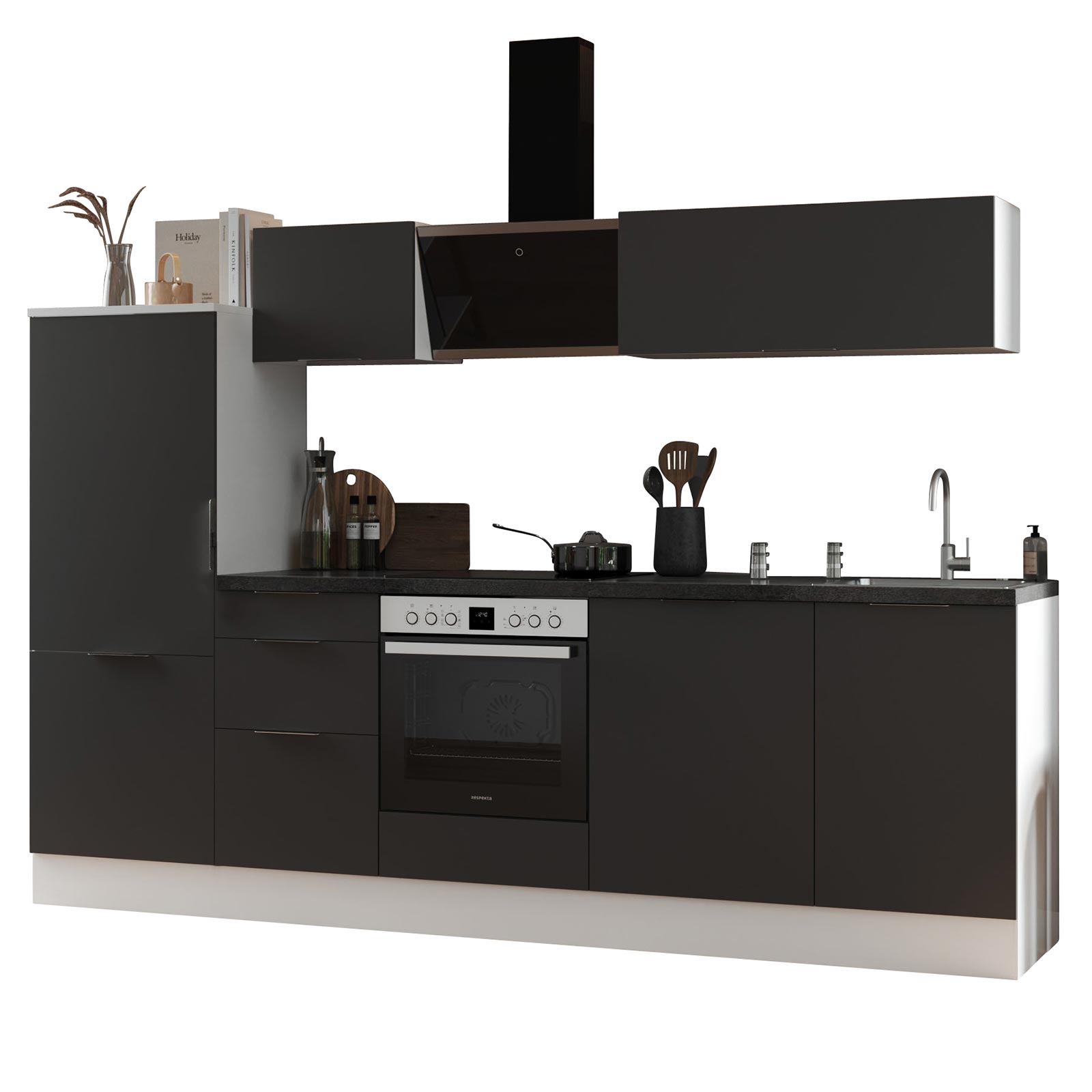 RESPEKTA Küchenblock - grau matt - weiß matt - mit E-Geräten - 280 cm