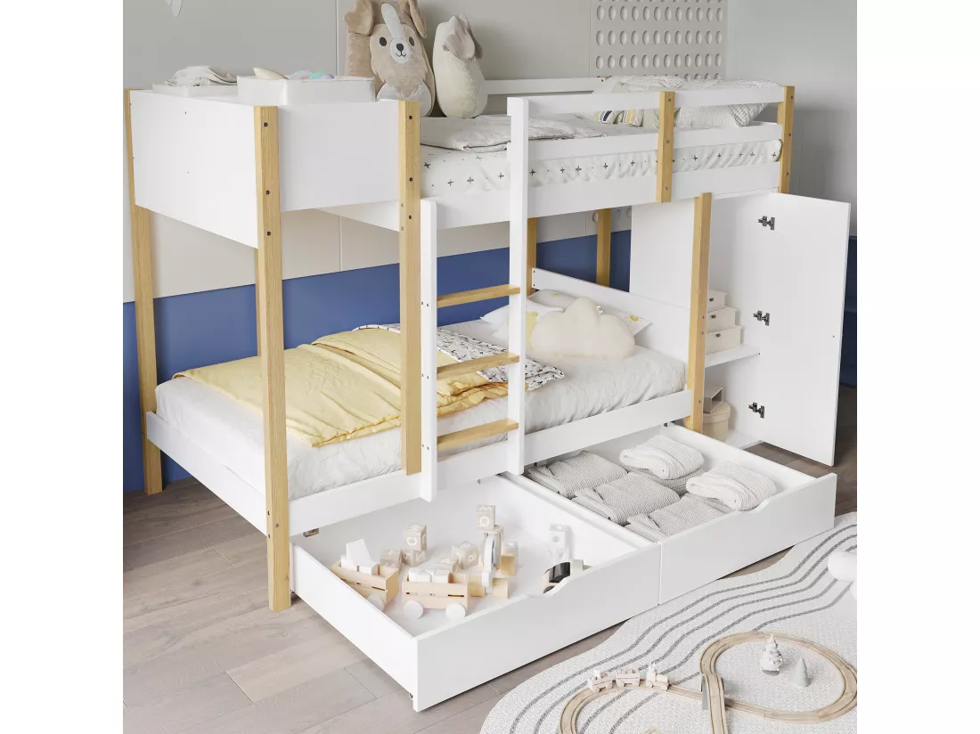 Lit superposé 90x200cm en bois - avec 1 meuble de rangement et 2 tiroirs sur roulettes - Blanc