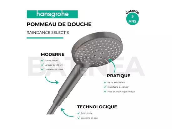 Pommeau de douche HANSGROHE Raindance Select S EcoSmart 120 3 jets noir chromé brossé + flexible de douche 1,60 m HANSGROHE Isiflex noir chromé brossé