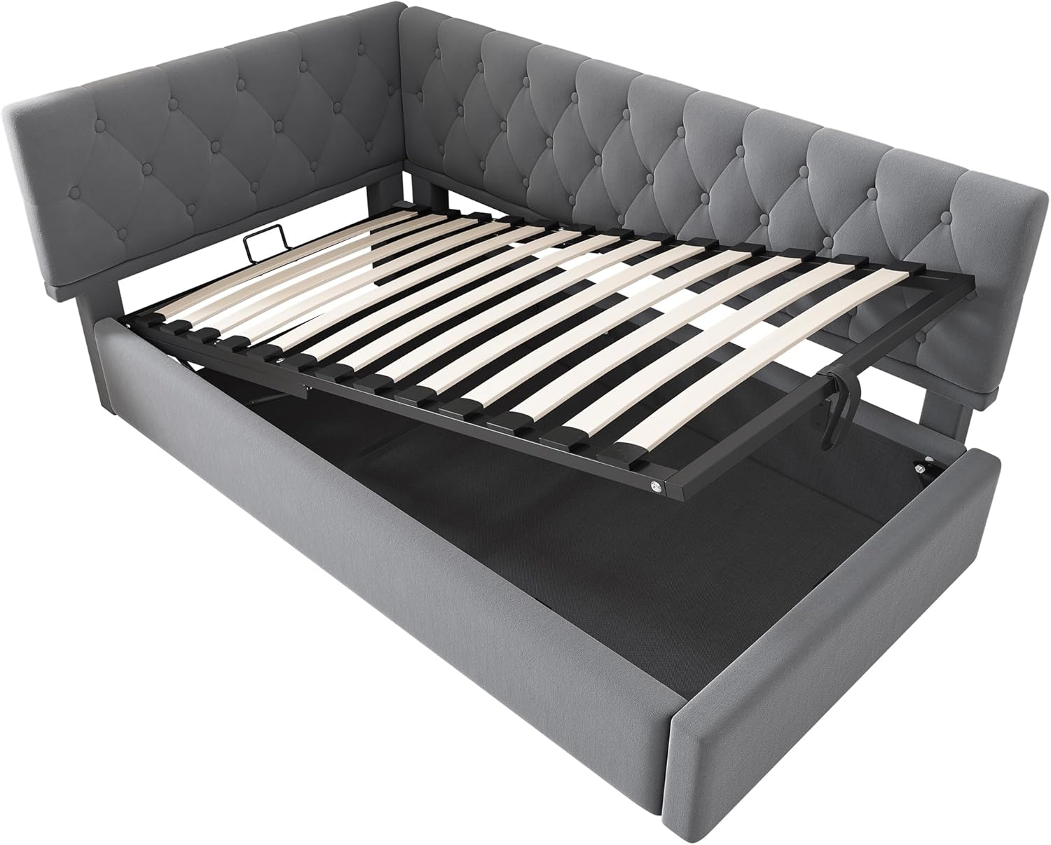 Polsterbett 90x190 cm, Einzelbett Tagesbett mit Hydraulischer Stauraum, Stauraumbett Kinderbett Jugendbett Daybett Gästebett Schlafsofa Bettgestell mit Lattenrost aus Holz, Ohne Matratze, Samt, Grau