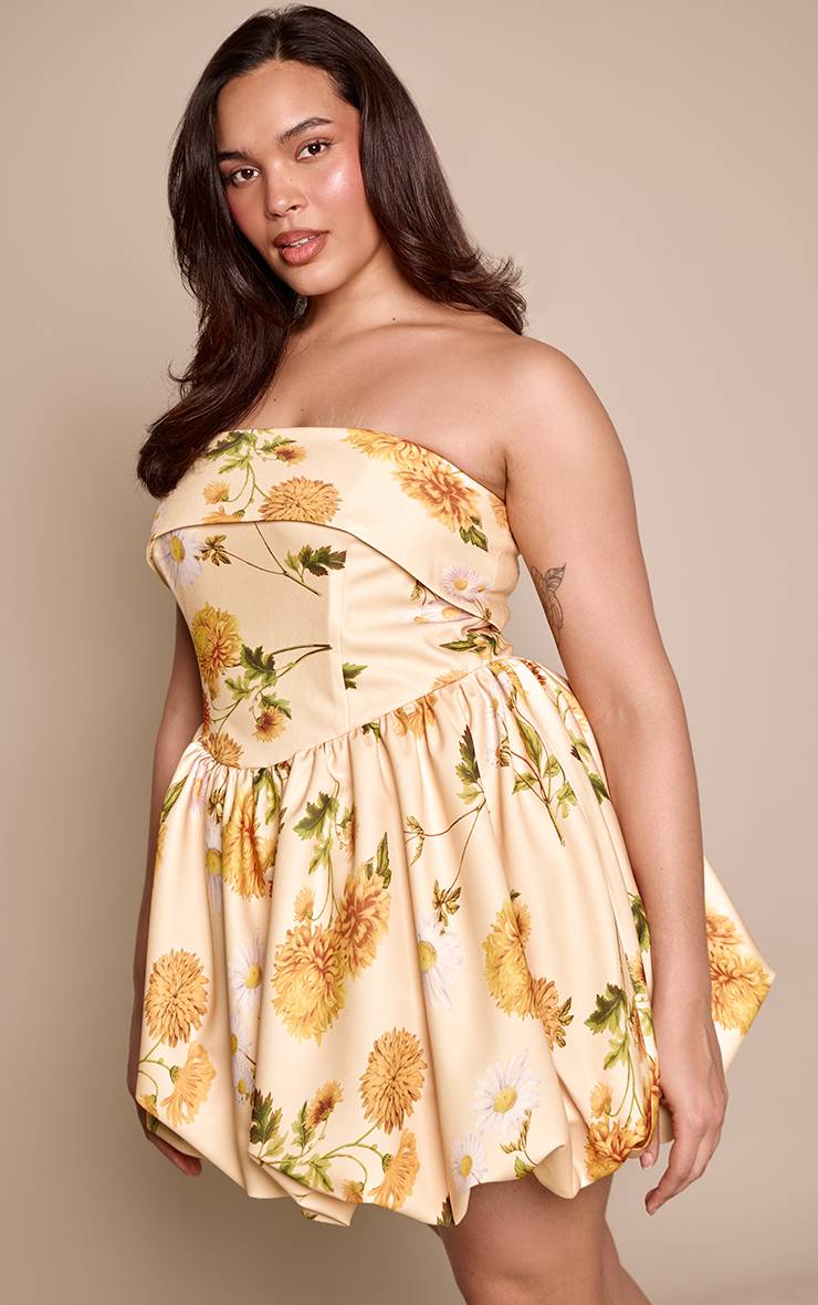Jaune Robe Bandeau Grande Taille À Imprimé Floral Avec Jupe Bouffante Extrême