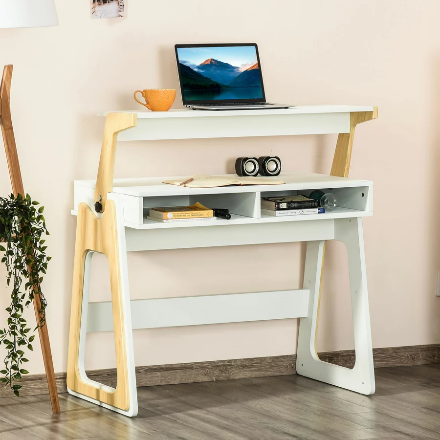 HOMCOM Computertisch mit verstellbarem Regal weiß
