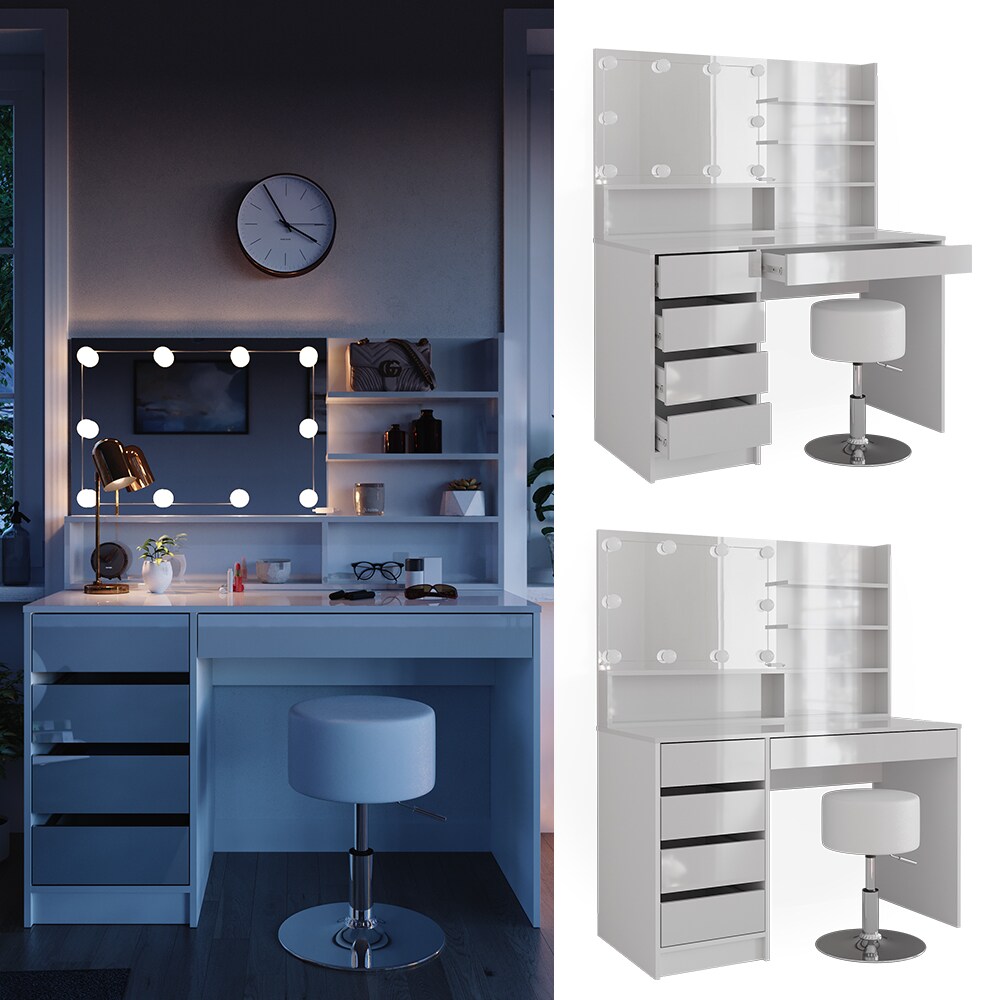 Vicco Schminktisch Sherry Weiß Hochglanz 120 x 75 cm Spiegelregal LED & Hocker