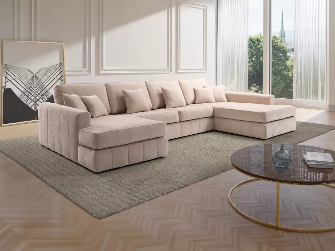 Grand canapé d'angle droit panoramique en tissu beige BERGOTA