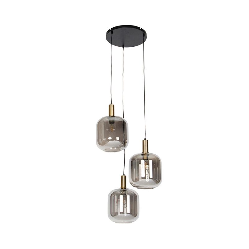 Design hanglamp zwart met goud en smoke glas 3-lichts - Zuzanna