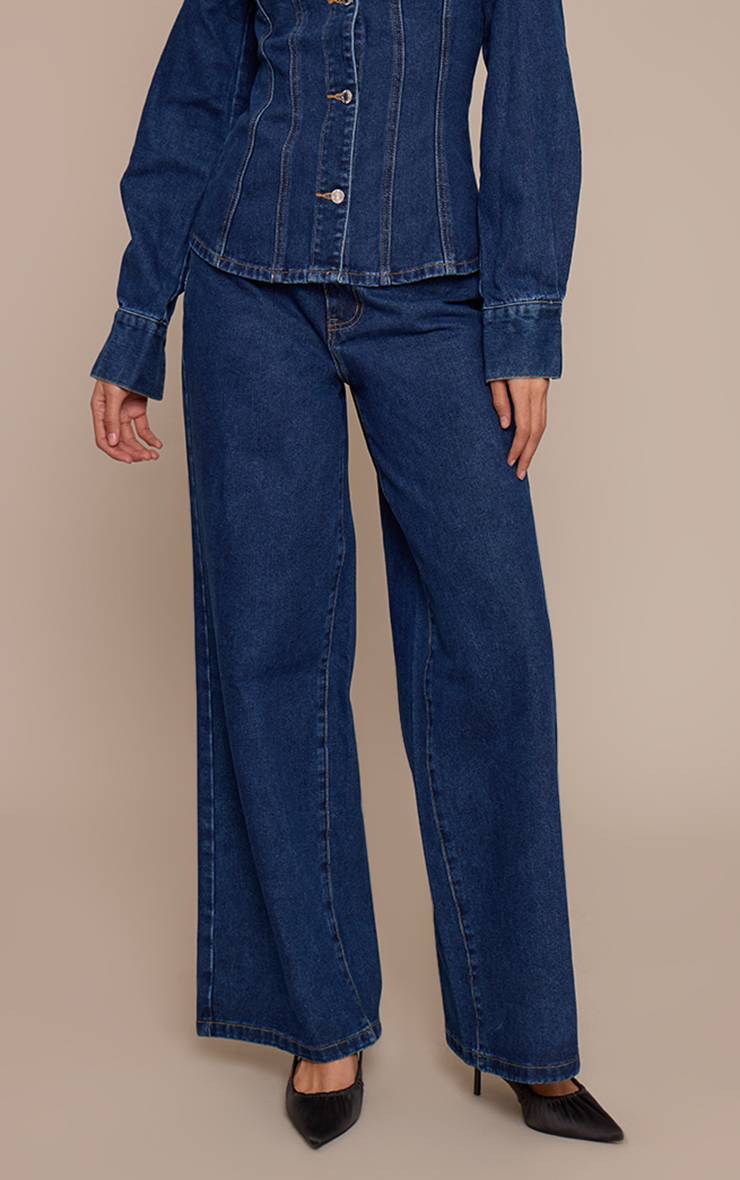 Bleu Indigo Foncé Jean Taille Haute Jambes Larges Tall