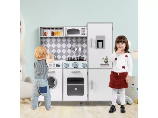 Cuisine Enfant en Bois avec Effets Sonores et Lumières, avec Machine à Laver et Micro-Ondes, Machine à Glaçons, Jouet de Simulation pour Enfant de 3 Ans+