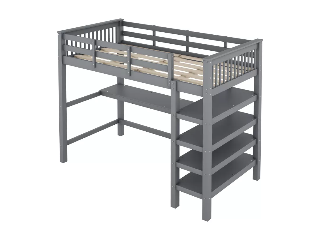 Lit mezzanine 90x200cm en bois - avec bureau et étagère de rangement - Gris