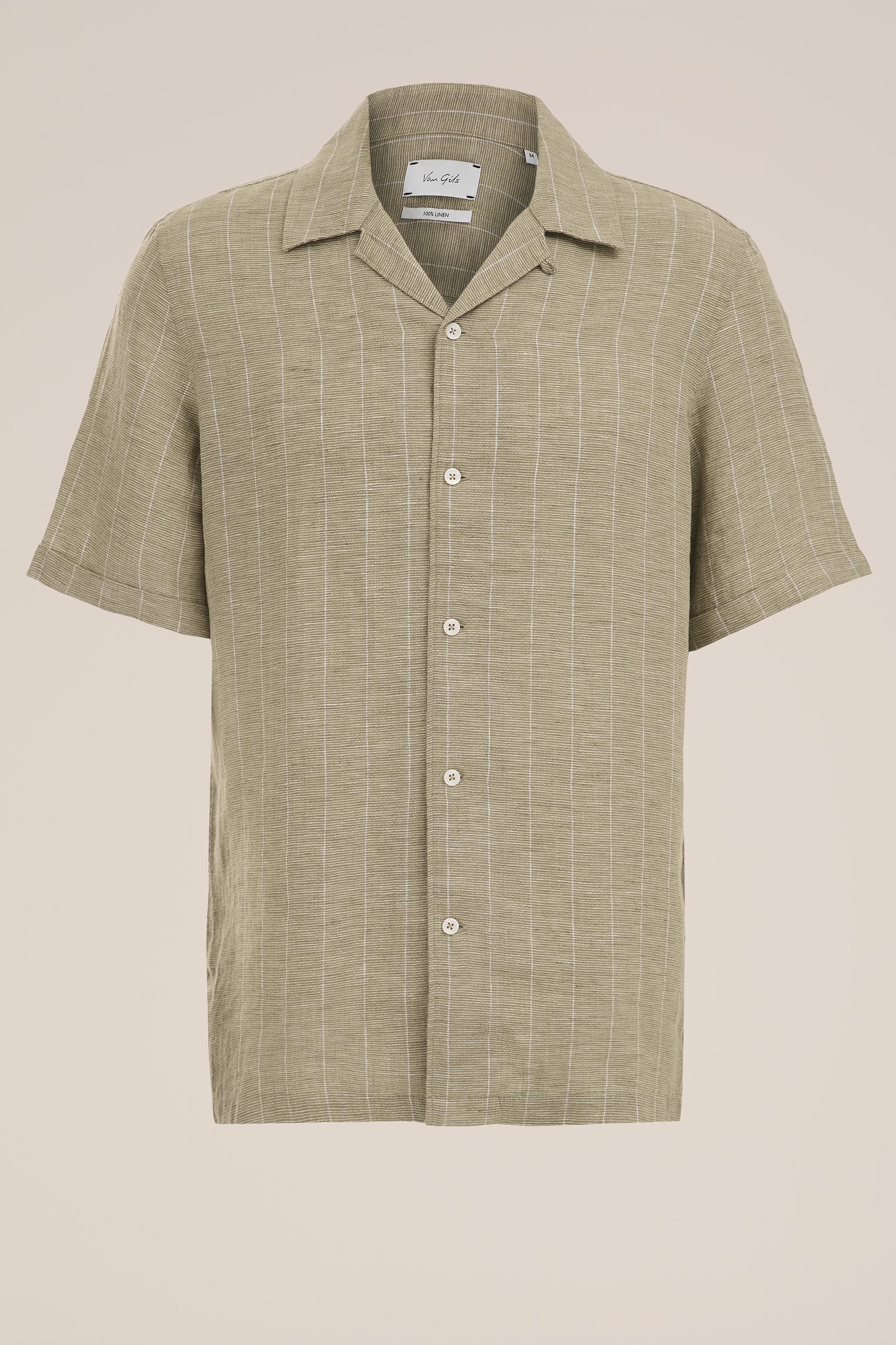 premium korte mouw linen overhemd met streep Van Gils Olijfgroen