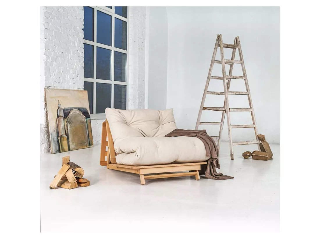 Canapé Lit Convertible en Bois avec Matelas Beige Confort Marron
