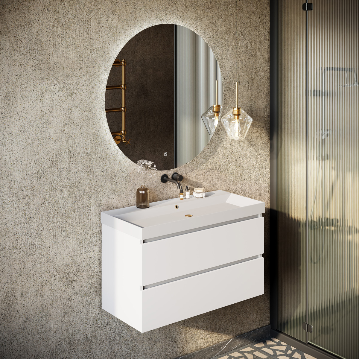 Fontana Kolo wastafelmeubel mat wit 100cm glans witte wastafel 0 kraangaten met ronde spiegel