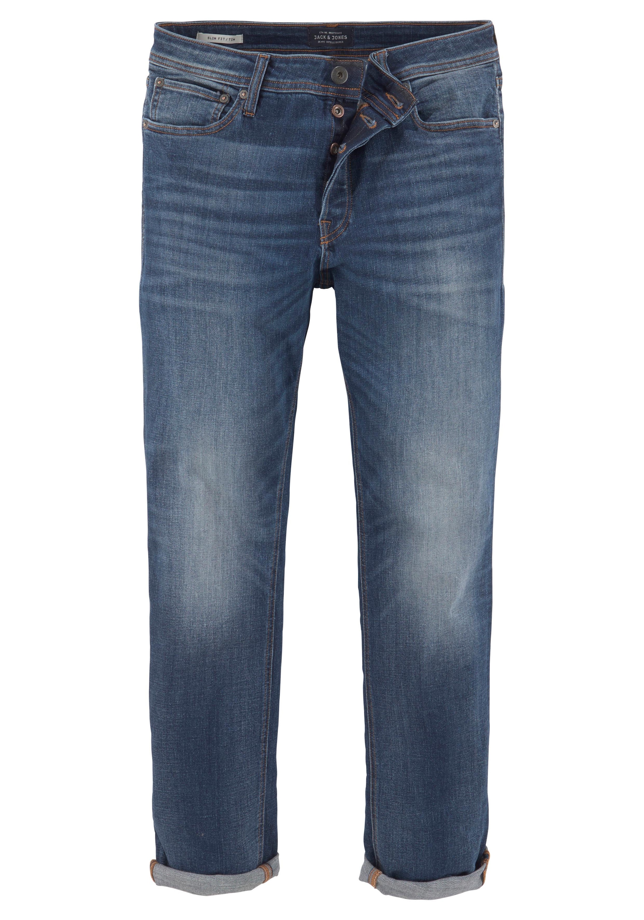 Jack & Jones Slim-fit-Jeans »JJITIM mit Waschung und praktischen Taschen«, Abriebeffekte, modisch, slim fit, Denim