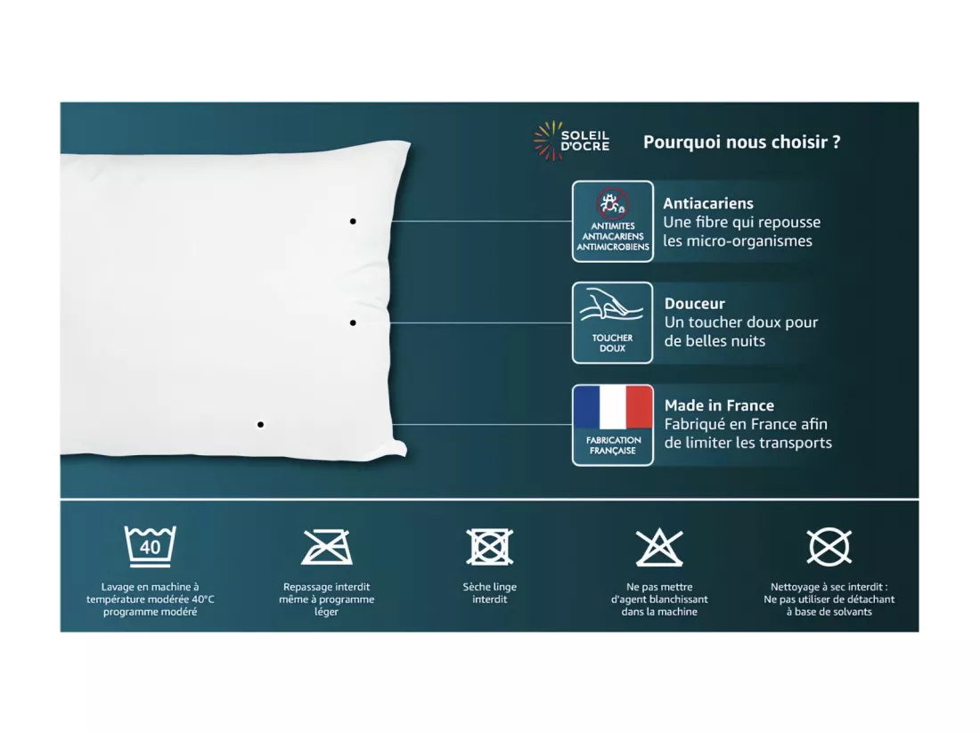Oreiller blanc coton 45x70 cm ZEN, par Soleil d'Ocre