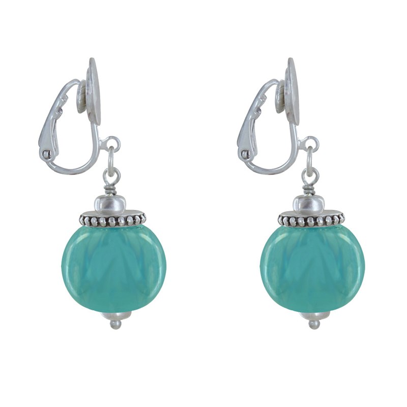 Boucles d'Oreilles Clip Métal Argenté et Grosses Perles en Céramique