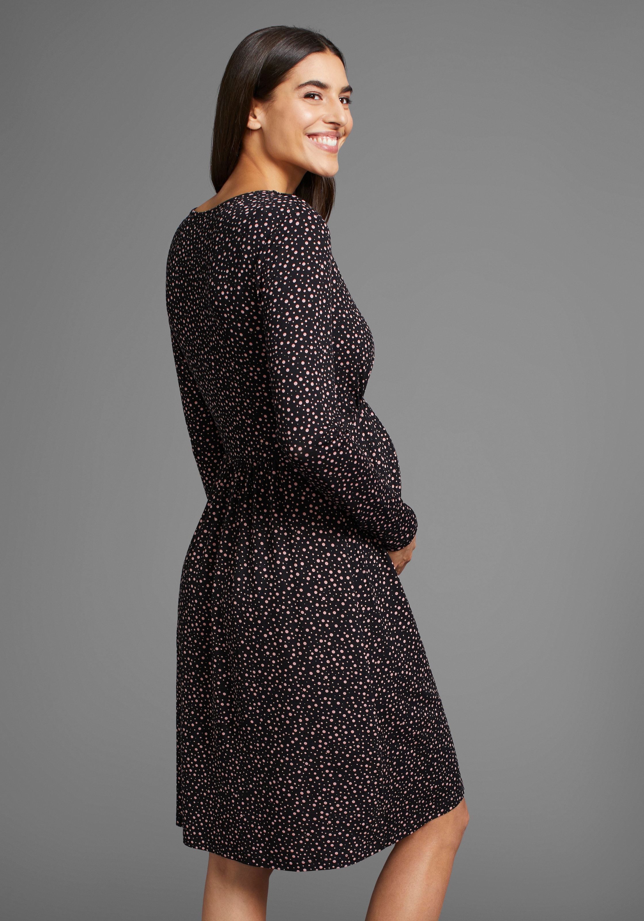Neun Monate Umstandskleid », Für Schwangerschaft und Stillzeit« , Stillkleid in fliessender Form und mit Punktemuster