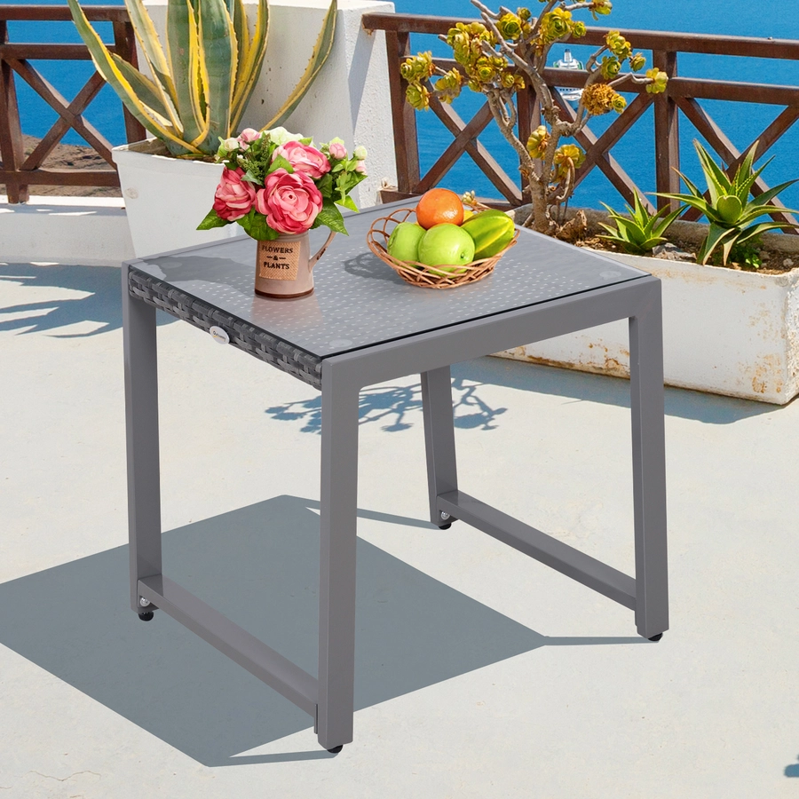 Outsunny Polyrattan Gartentisch mit Hartglas grau