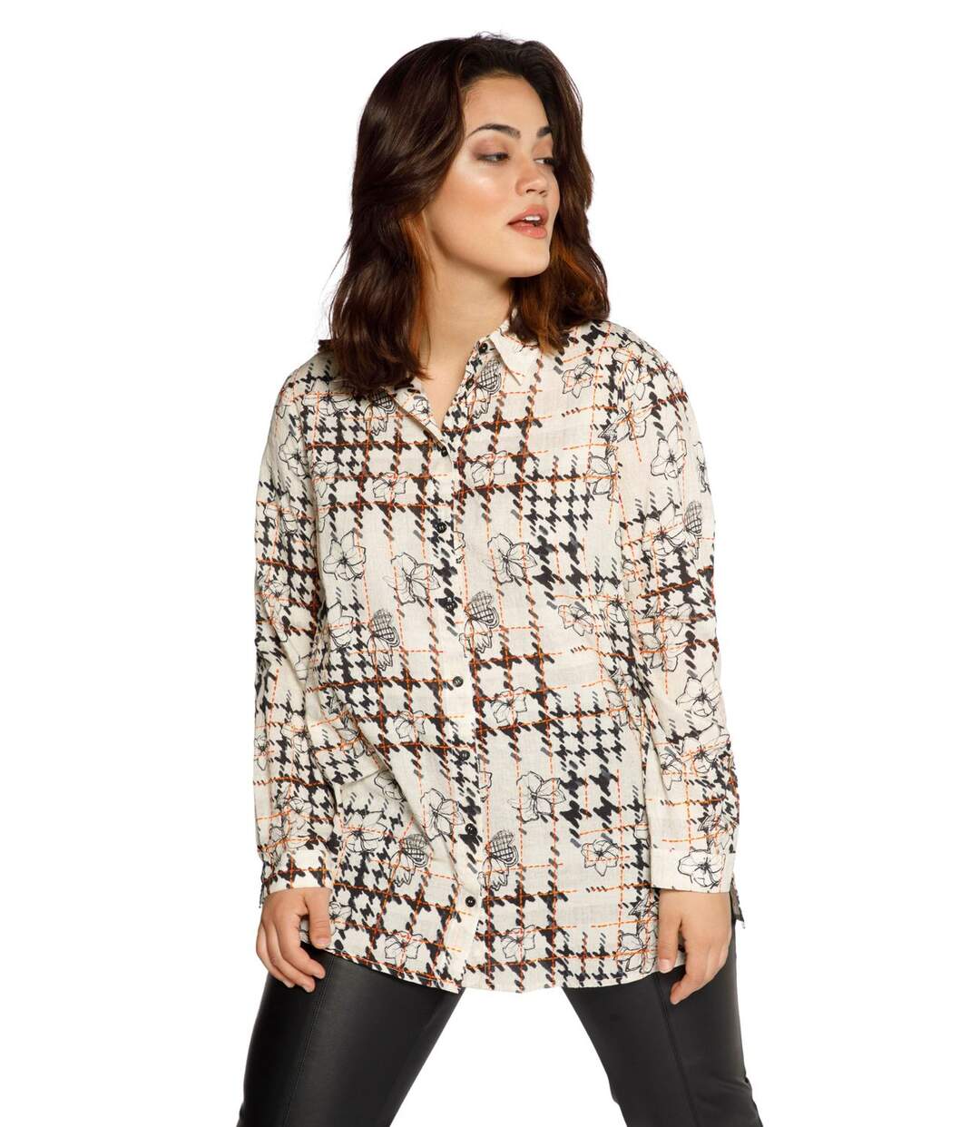 ULLA POPKEN Chemisier Carreau Fleurs Col chemise Manches longues Mandarine NEUF
