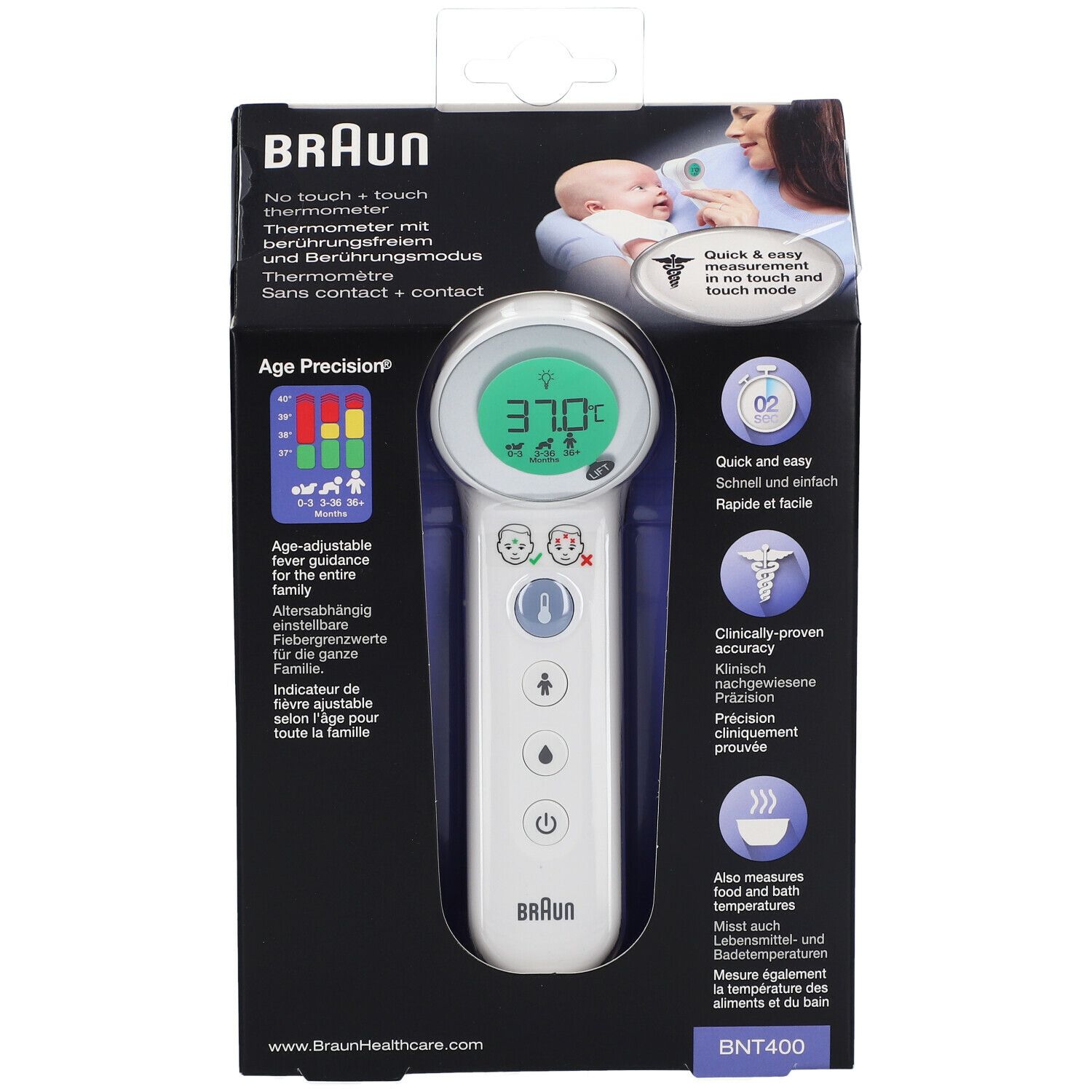 Braun Thermometer mit berührungsfreiem und Berührungsmodus