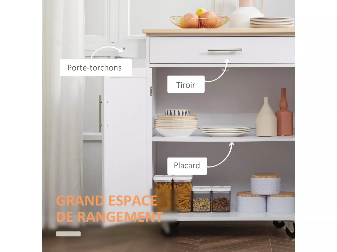 Desserte de cuisine - 2 portes, étagère, tiroir, porte-torchons - bois hévéa pin blanc