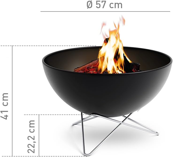 höfats - Bowl 57 Feuerschale mit Edelstahl Sternfuß - raucharme Verbrennung - Feuerstelle mit Plancha Grillplatte und Grillrost nutzbar - kippbarer Feuerkorb Stahl emailliert, schwarz, Ø 57 cm