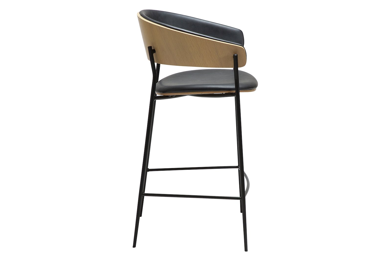 Crib counterstol Med arm. PU Raven black med hvitvasket eikefinér rygg og sorte ben