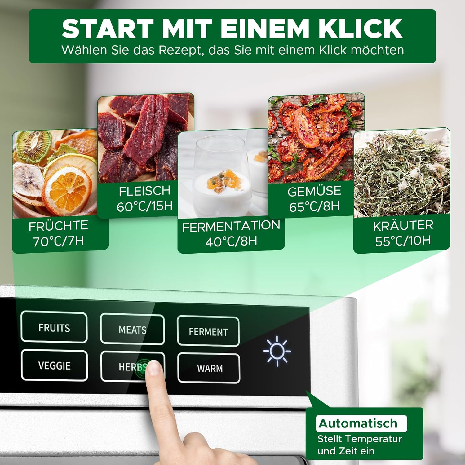 Kwasyo Dörrautomat 12 Etagen Edelstahl, 6 Voreinstellungen für Früchte, Gemüse, Fleisch, Blumen, 85°C Temperaturregelung, 24 Timer, 800W Dörrautomat, Rezept inklusive