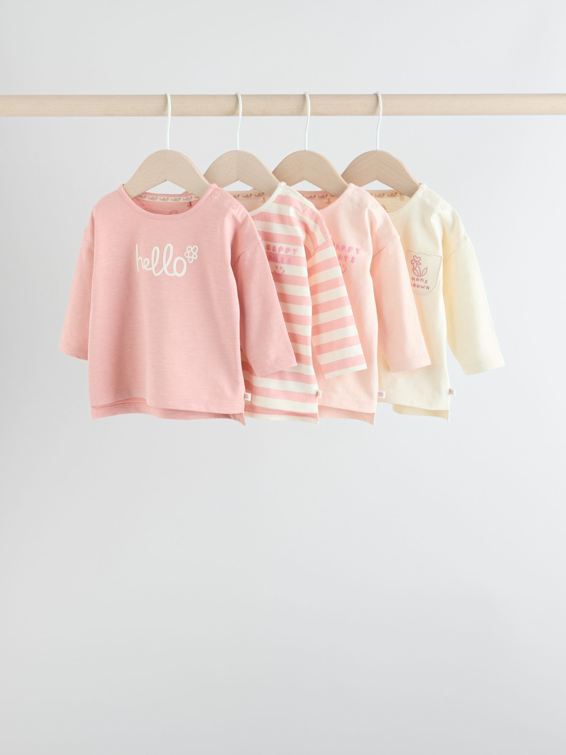Roze Strepen/Slogan - Verpakking van 4 Baby Tops met Lange mouwen (0mnd -2jr)