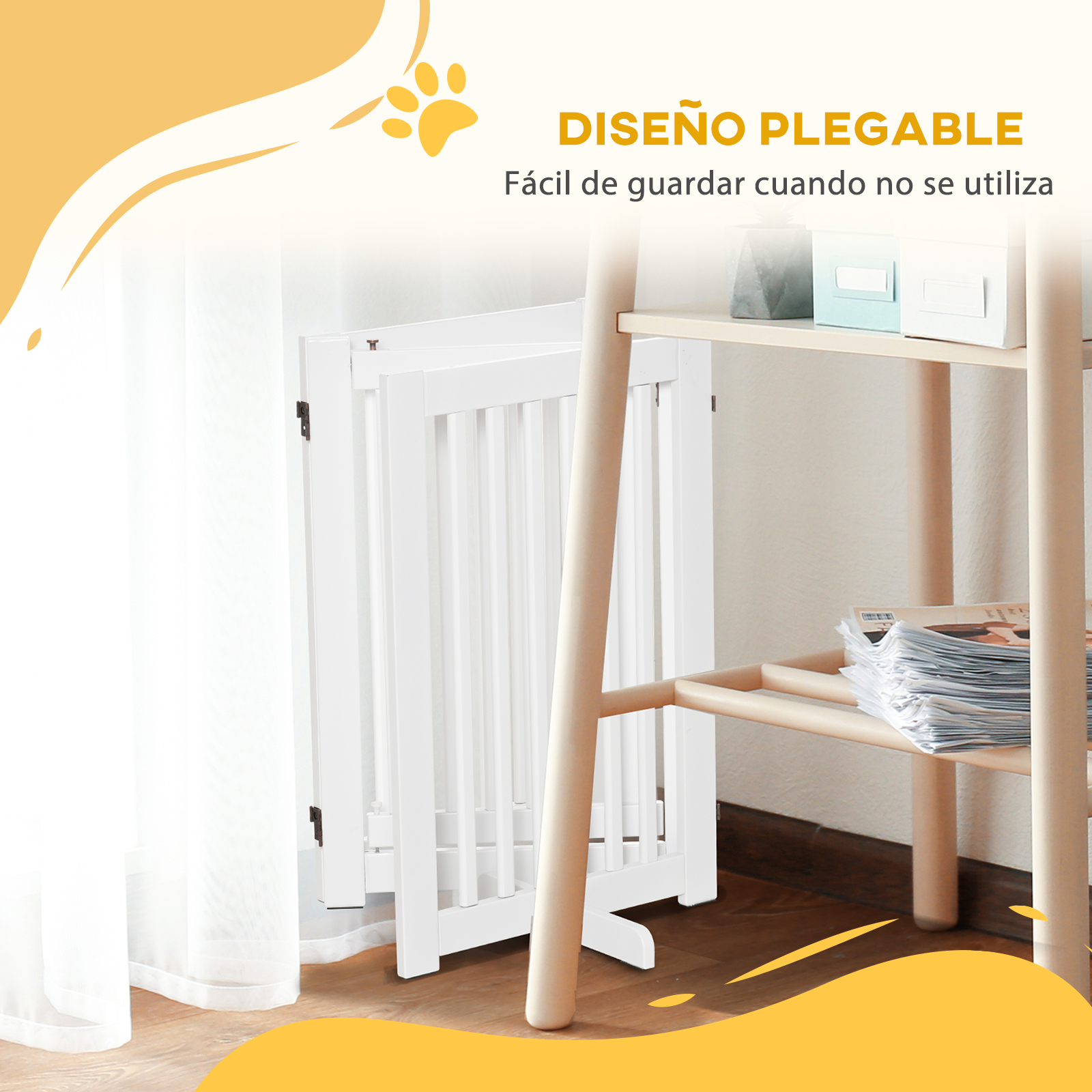 Portão de madeira para cães PawHut, cerca dobrável para animais de estimação com 3 painéis, 1 porta e pés de apoio para corredor ou escadas, 155 x 35,5 x 76 cm, branco