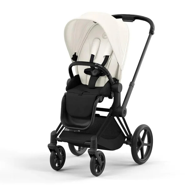 Carrinho de bebê Cybex Priam V4 na cor branca com estrutura preta fosca.