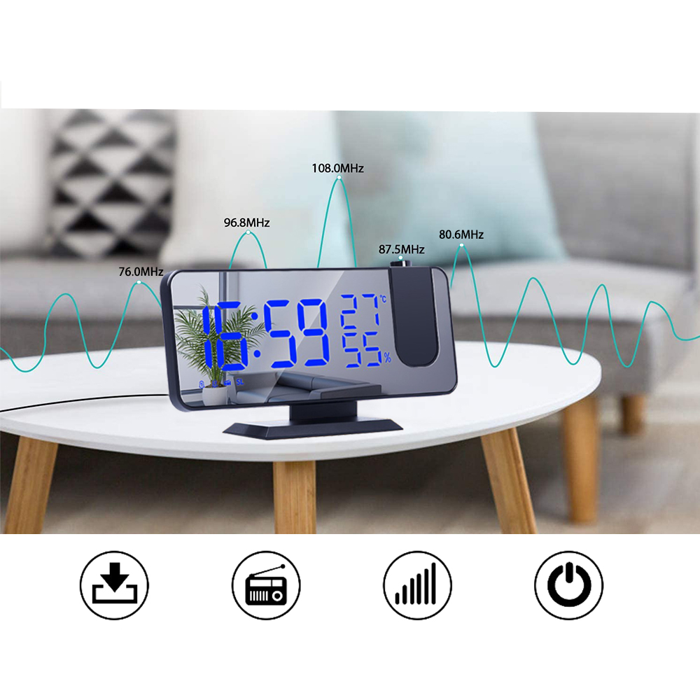 (18x9cm) Digitaler LED Projektions Wecker mit Spiegel / Thermometer / Hygrometer /  FM Radio   USB Ladeport - Schwarz